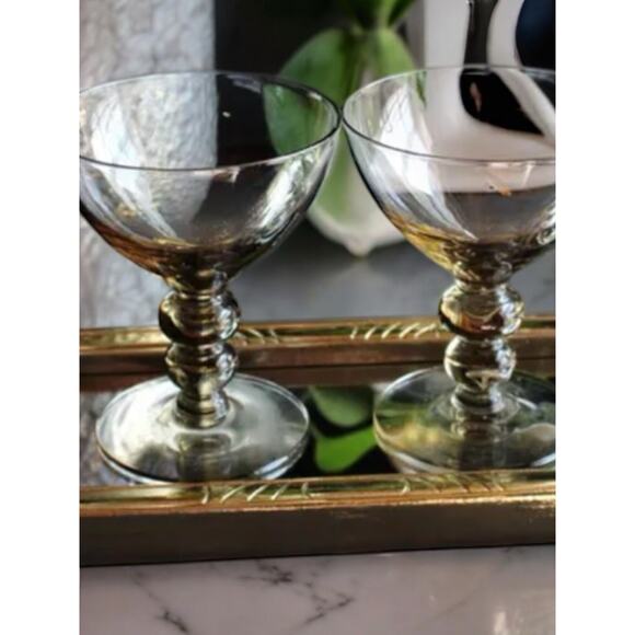 5 MCM - 5-Smoke/ Olive - Double Bubble Stem Champagne Coupe Cocktail Glasses - Picture 4 of 7